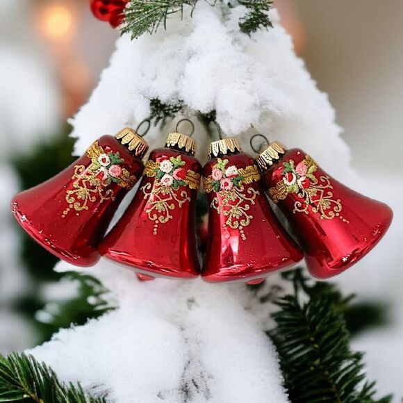 4 Vintage Christmas Bell Glass Ornaments Red Floral Gold Glitter West Germany - Picture 1 of 16